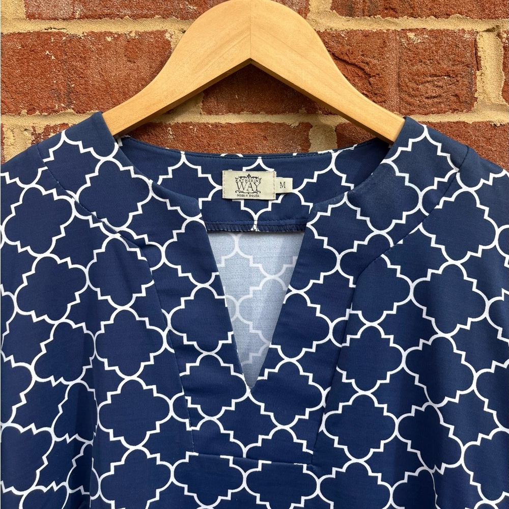 Katherine Way Navy & White Geometric Split-Neck Tunic Dress